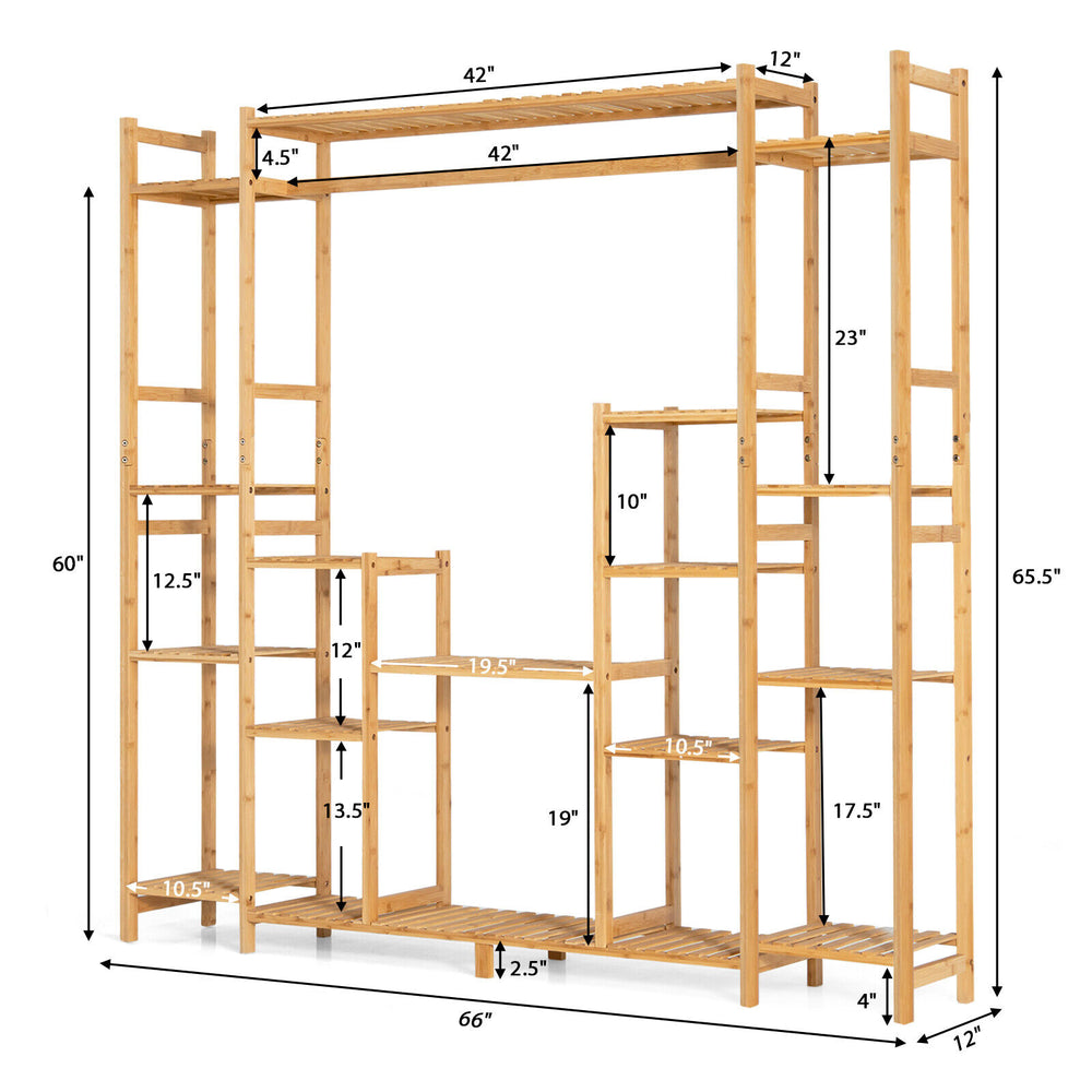 9-tier bamboo plant stand with hanging rack, featuring hollowed shelves and anti-dumping device for stability and.