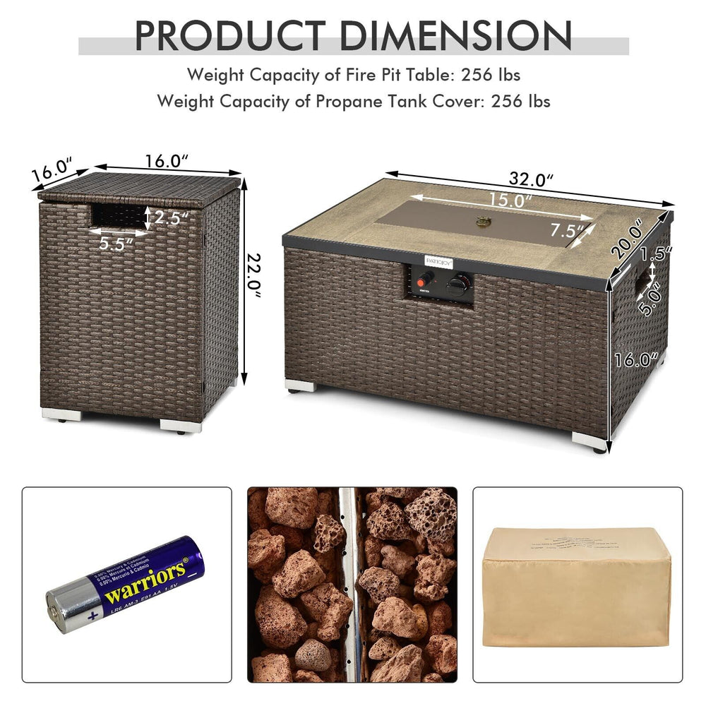 Rattan fire pit table set with side tank holder, 40000 BTU heat, waterproof cover, ideal for outdoor gatherings.