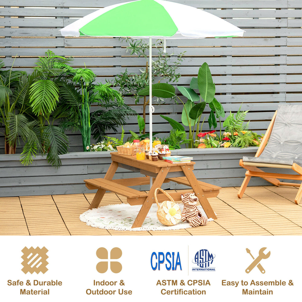 Kids outdoor picnic water sand table with green umbrella, made of durable fir wood, perfect for yard or patio fun.