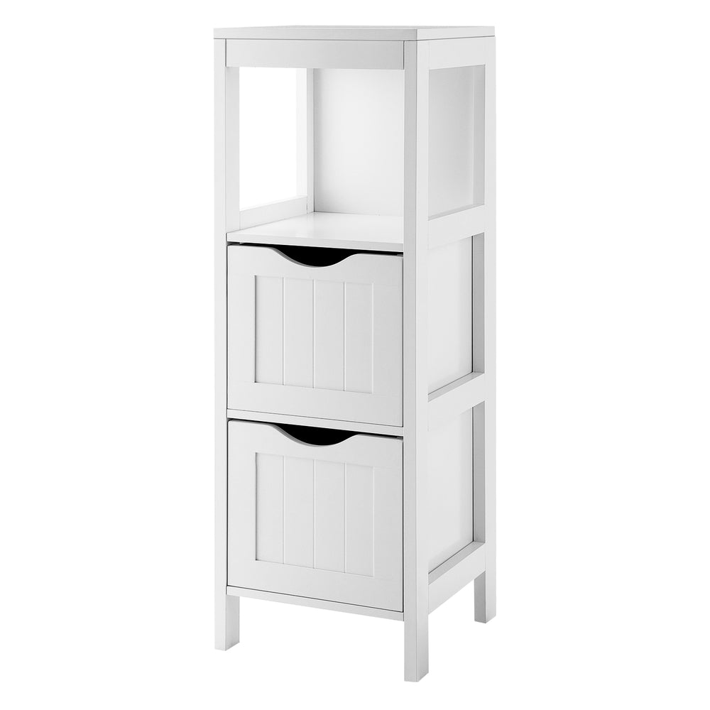 Freestanding white storage cabinet with 2 removable drawers and open shelf, perfect for bathroom or living room.