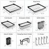 2-tier adjustable over sink dish drying rack with 4 baskets, knife holder, and 5 hooks for efficient kitchen storage.