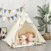 Foldable kids canvas teepee play tent with sturdy pine wood poles, side pockets, and ample play area for indoor fun.