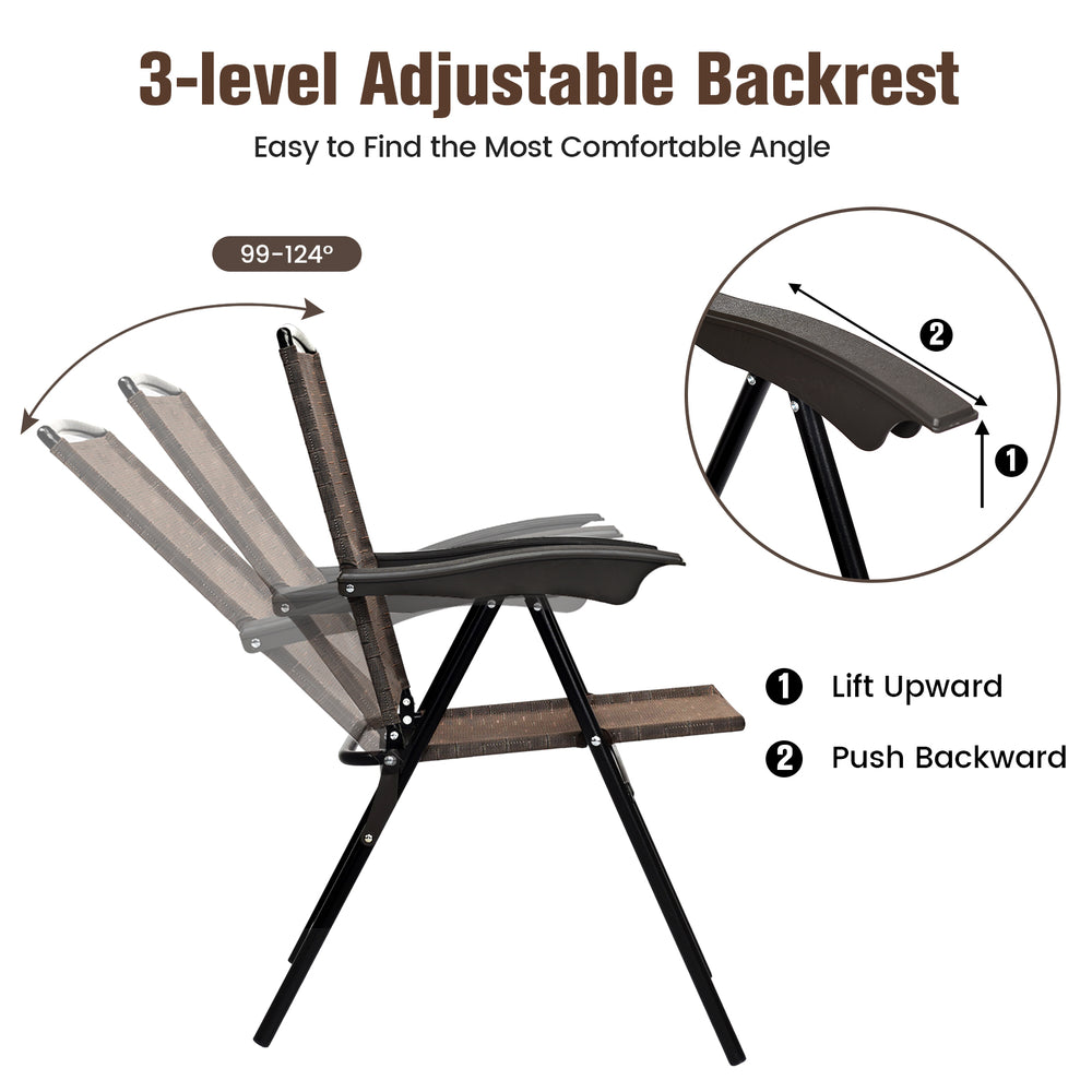 Folding dining chair with adjustable backrest, breathable fabric, and rust-proof frame for outdoor relaxation.