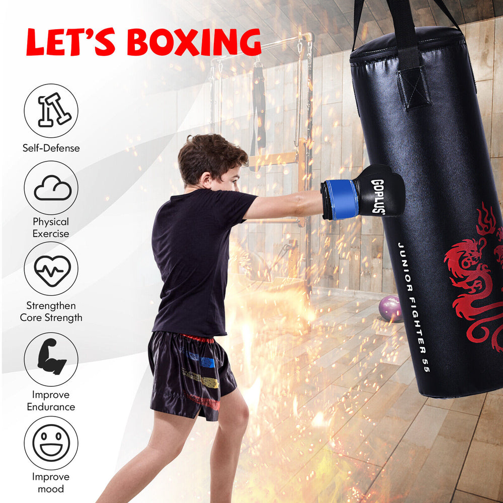 Child practicing boxing with a 40lbs filled punching bag, featuring professional gloves and a jump rope for warm-up.