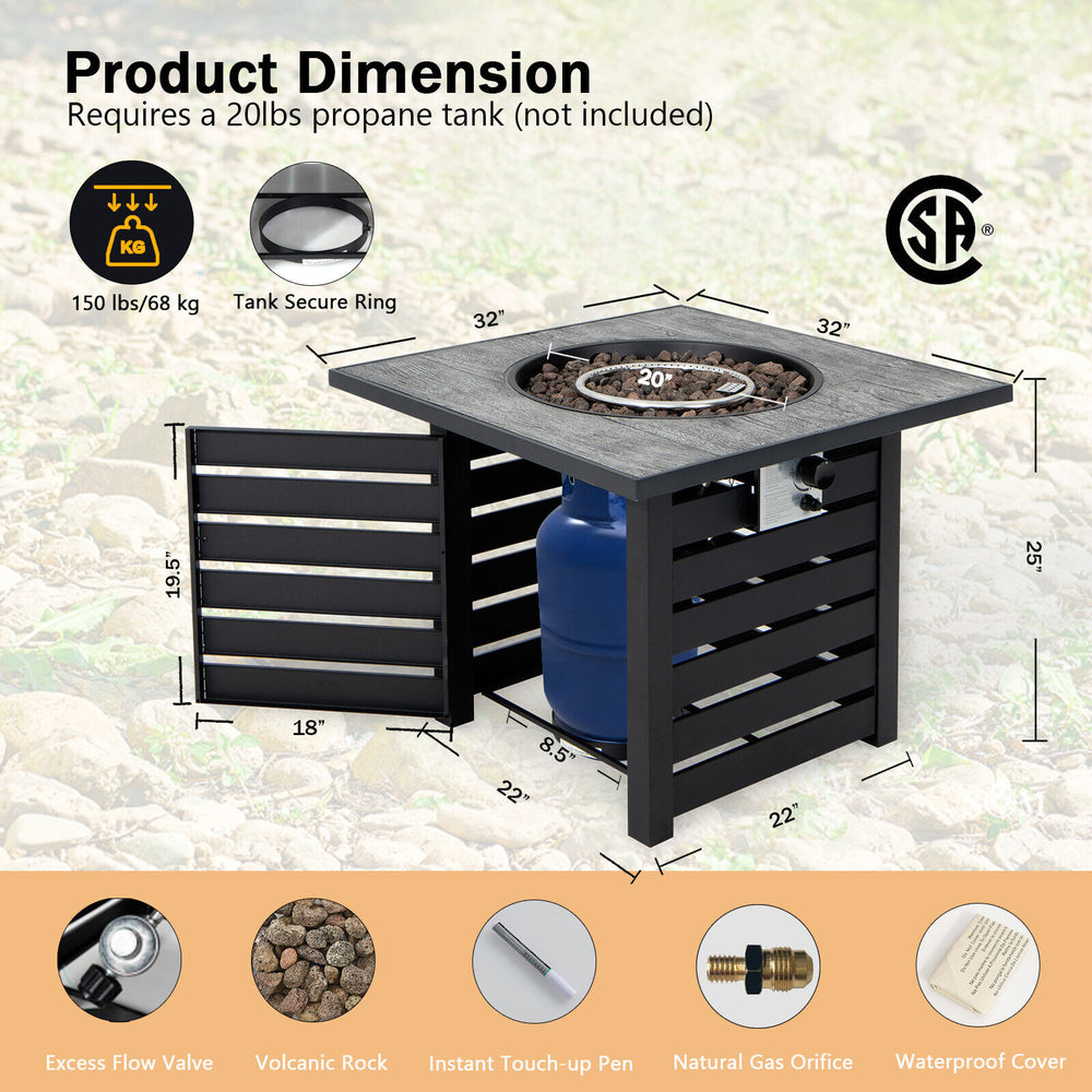 Square propane fire pit table with lava rocks, featuring a waterproof cover and adjustable flame control for outdoor.