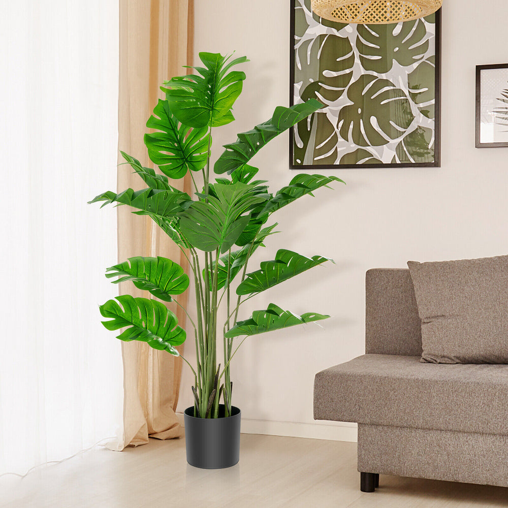 5 feet artificial Monstera deliciosa plant with 15 large leaves in a solid pot, perfect for indoor and outdoor.