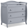 Gray baby changing table with three drawers, safety belt, and wide top for convenient diaper changing and storage.