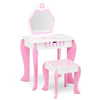 Toddler vanity set in pink and white with detachable mirror, drawer for storage, and cute flower patterns for kids.