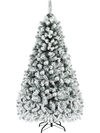 Snow-flocked 6 ft pre-lit artificial Christmas tree with LED lights and sturdy metal stand for festive decoration.