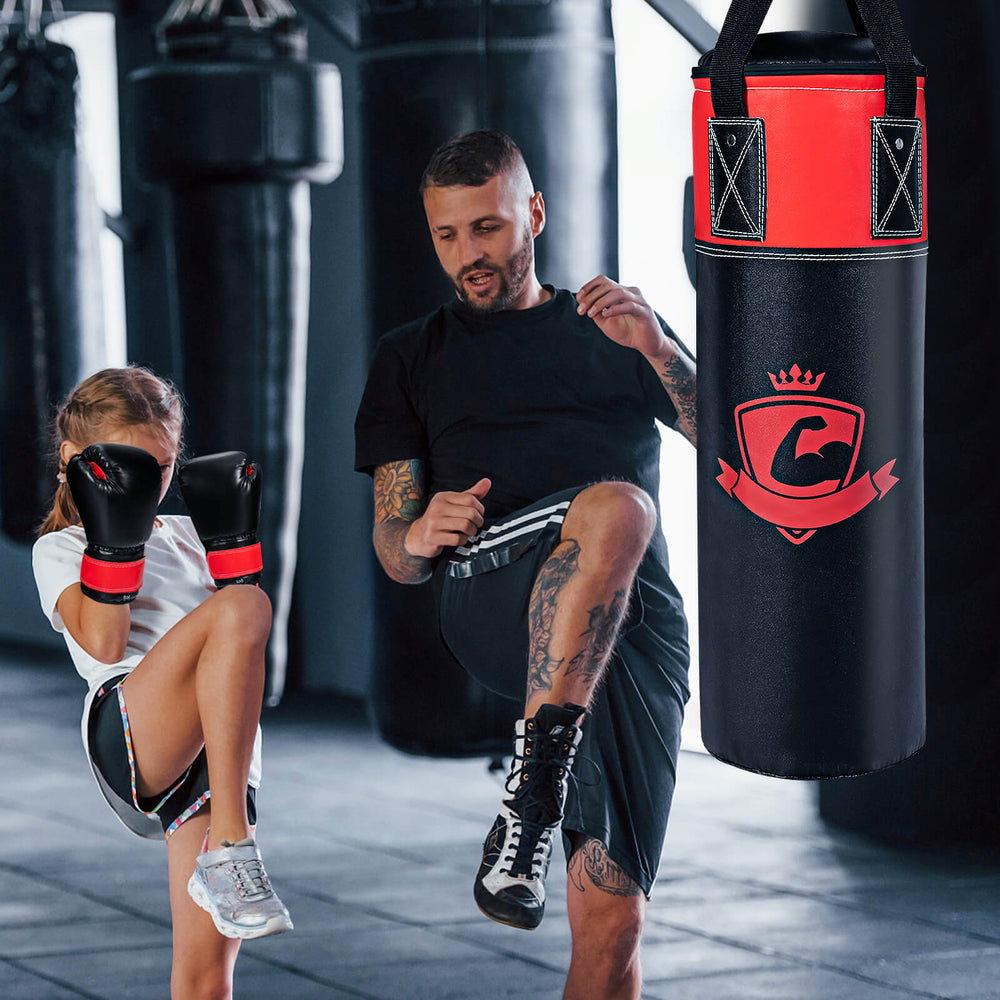 Kids hanging punching bag set with gloves, designed for Karate training, featuring durable materials and cozy padding.