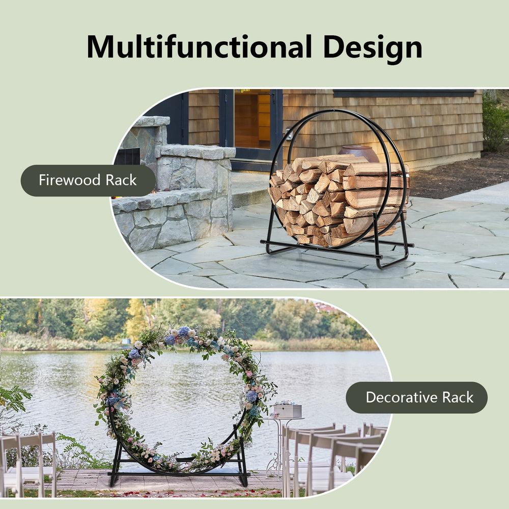 Decorative rack featuring a double-loop design, perfect for displaying firewood in outdoor or indoor settings.