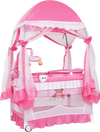 Portable pink baby playpen crib with mosquito net, diaper changing pad, and wheels for easy mobility and travel.