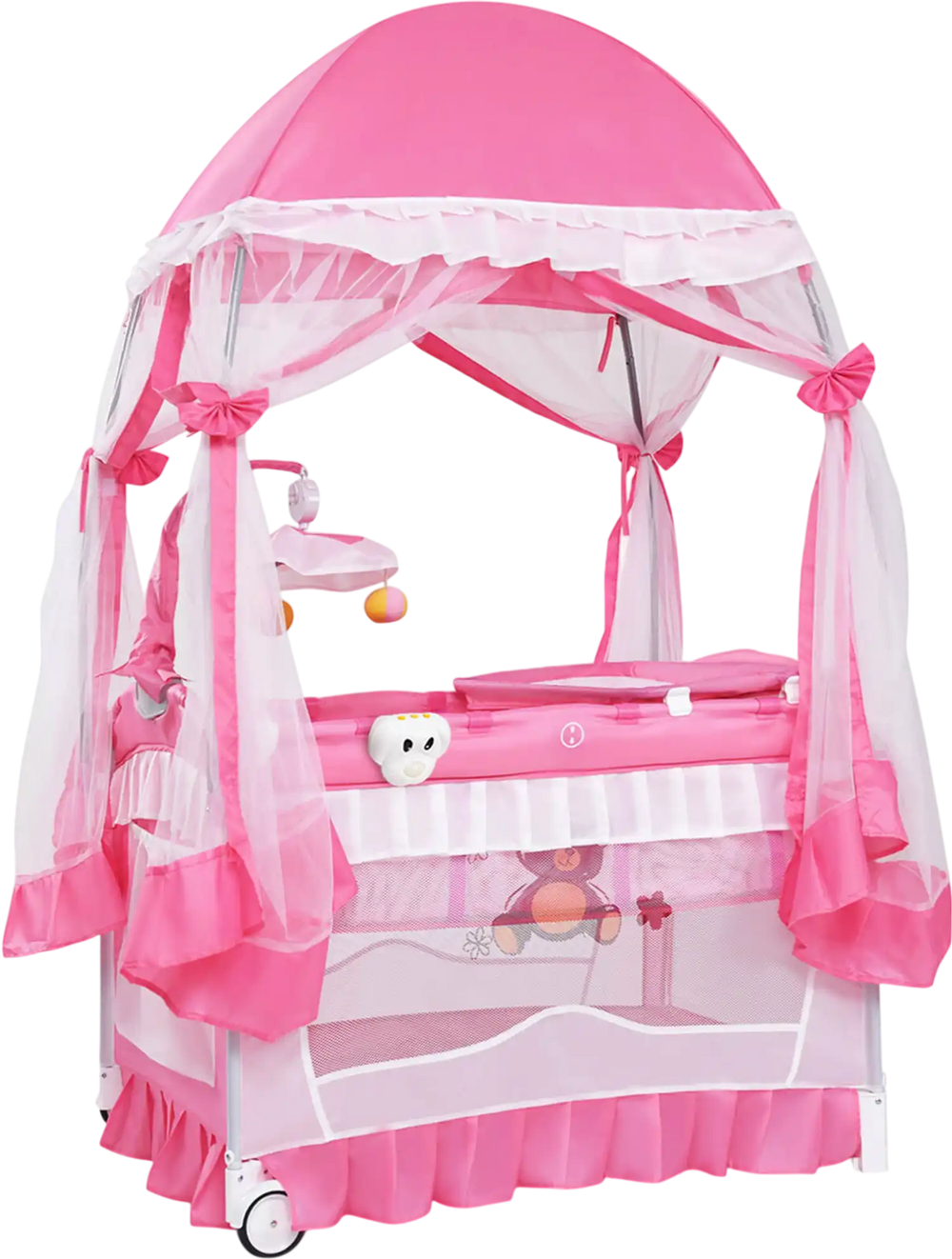 Portable pink baby playpen crib with mosquito net, diaper changing pad, and wheels for easy mobility and travel.