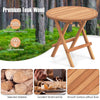 Round folding coffee table made of premium teak wood with slatted tabletop, ideal for outdoor picnics and camping.