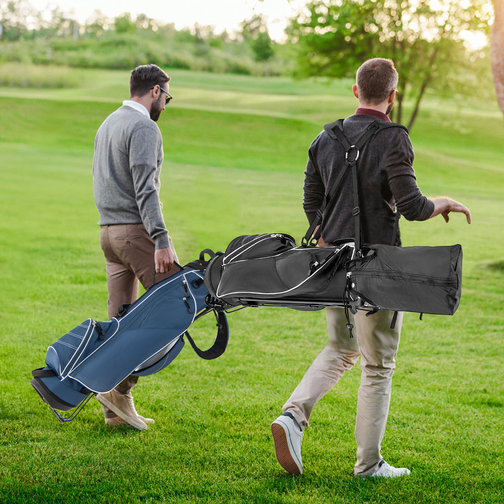 Golf stand cart bag in black with adjustable straps, shown being carried on the golf course for easy transport.