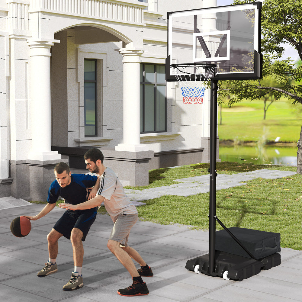Portable basketball hoop with adjustable height, large backboard, and sturdy base, perfect for outdoor play.
