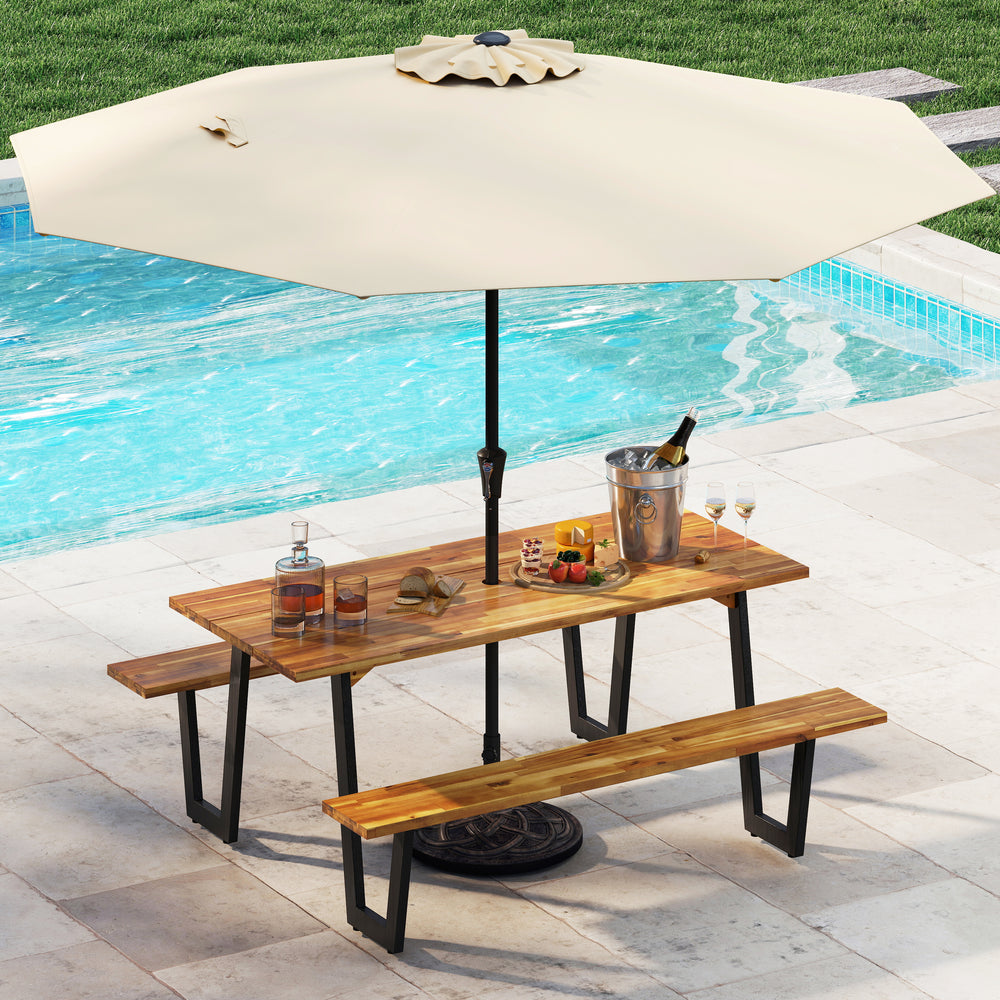Picnic table with heavy-duty metal legs, accompanied by a 10-foot umbrella for shade, perfect for outdoor dining.
