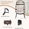 Brown patio wicker egg chair with soft cushions, sturdy metal frame, and adjustable foot pads for outdoor relaxation.
