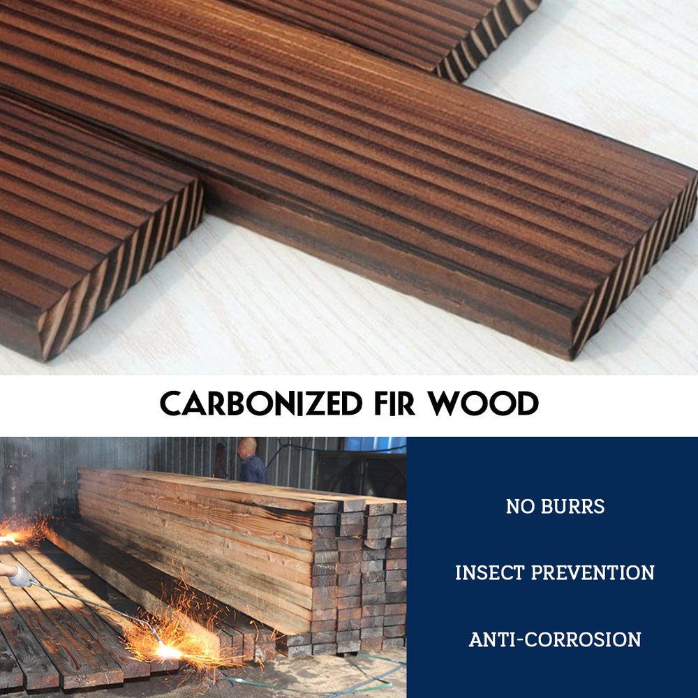 Close-up of carbonized fir wood used in a 2-tiers outdoor wooden barrel waterfall fountain, showcasing smooth texture.