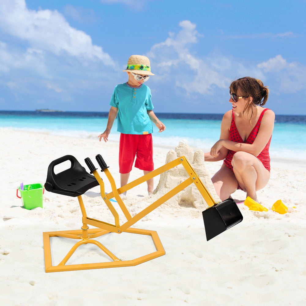 Heavy duty kid ride-on sand digging digger with a 360-degree rotatable seat, perfect for beach play and fun.