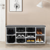 Shoe storage bench with cushion in white, featuring 10 cubes for ample shoe organization in entryway or hallway.