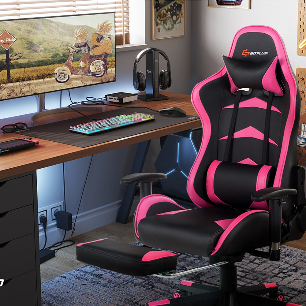Massage gaming chair in pink with adjustable backrest and retractable footrest, perfect for gaming and relaxation.