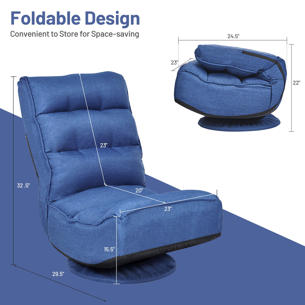 5-position folding floor gaming chair in navy with 360-degree swivel, adjustable backrest, and space-saving design.