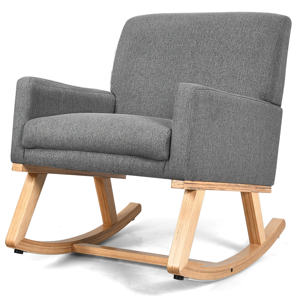 Gray upholstered rocking chair with cozy armrests and an arc base, designed for a smooth and comfortable rocking.
