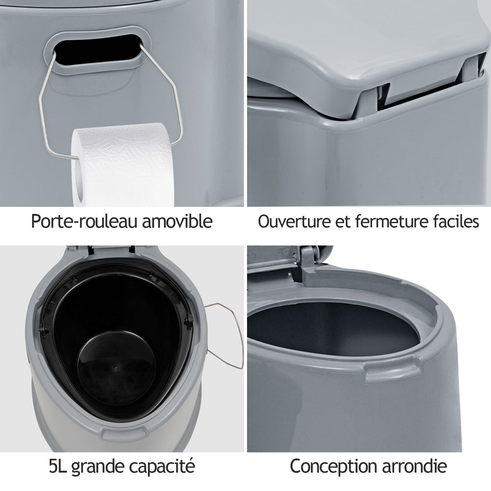 Portable 5L travel toilet with removable paper holder, designed for outdoor use, featuring easy-open lid and compact.