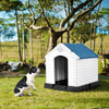 Durable plastic dog house with a ventilated roof, providing a safe outdoor shelter for pets in various weather.