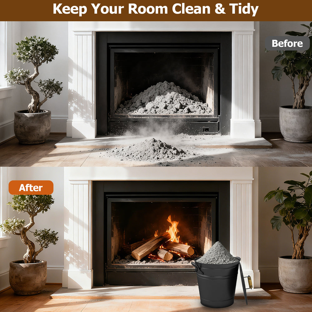 2.9-gallon metal coal ash can with wooden lid and side grips, ideal for keeping fireplaces clean and tidy.
