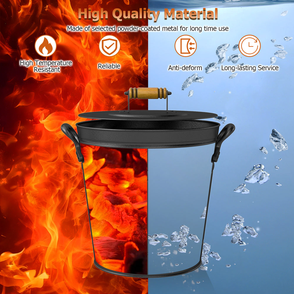 2.9-gallon metal coal ash can with wooden lid and side grips, high-temperature-resistant for fireplaces and fire pits.