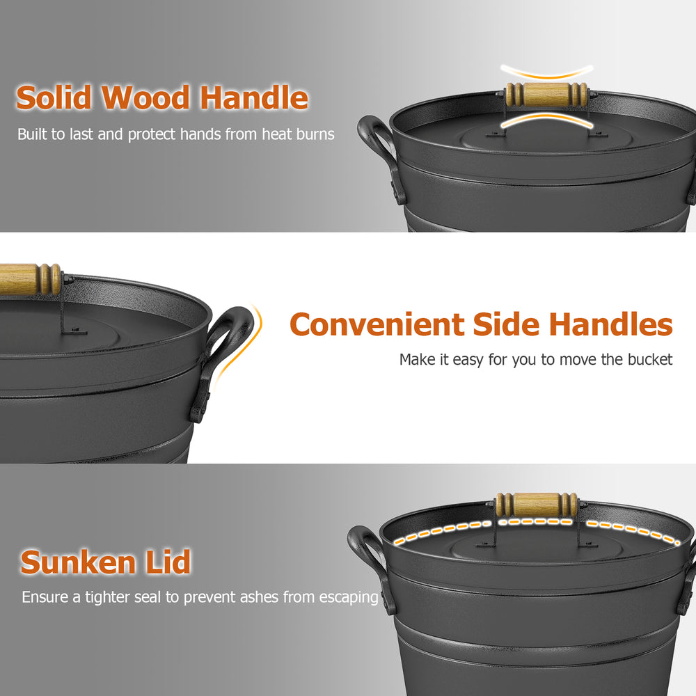 2.9-gallon metal coal ash can with solid wood handle and sunken lid, perfect for fireplaces and fire pits.