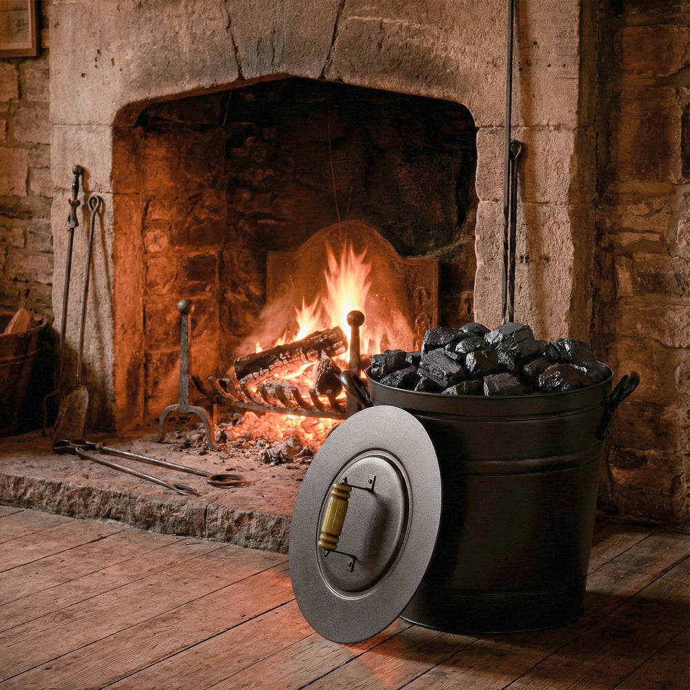 Metal coal ash can with wooden lid and side grips, 2.9-gallon capacity, ideal for fireplaces and fire pits.