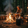 2.9-gallon metal coal ash can with wooden lid and side grips, ideal for storing ash and logs by the fireplace.