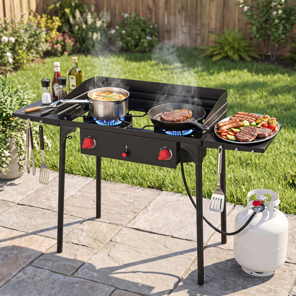 Portable 2 burner propane gas stove with windscreen, 150,000 BTU, ideal for outdoor cooking and BBQ grilling.