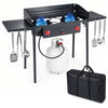 Two-burner propane gas stove with 150,000 BTU, adjustable flame control, and side shelves for outdoor cooking convenience.