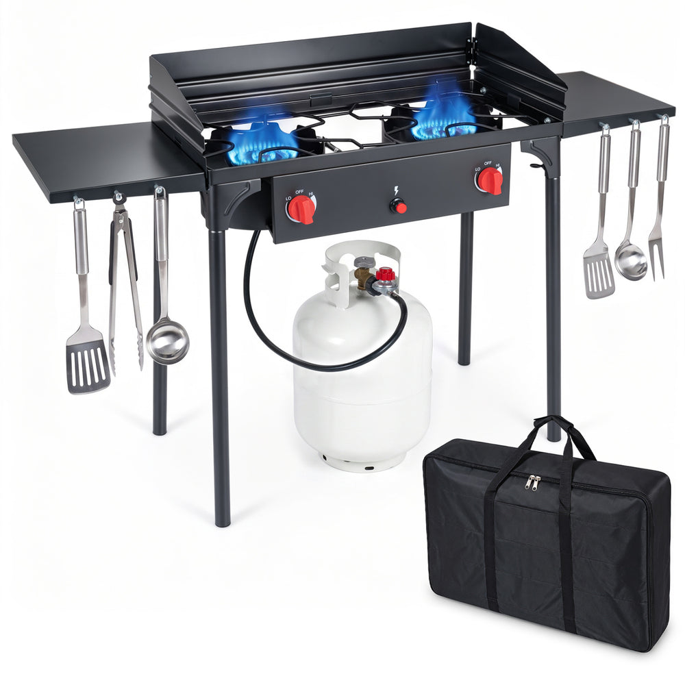 Two-burner propane gas stove with 150,000 BTU, adjustable flame control, and side shelves for outdoor cooking convenience.