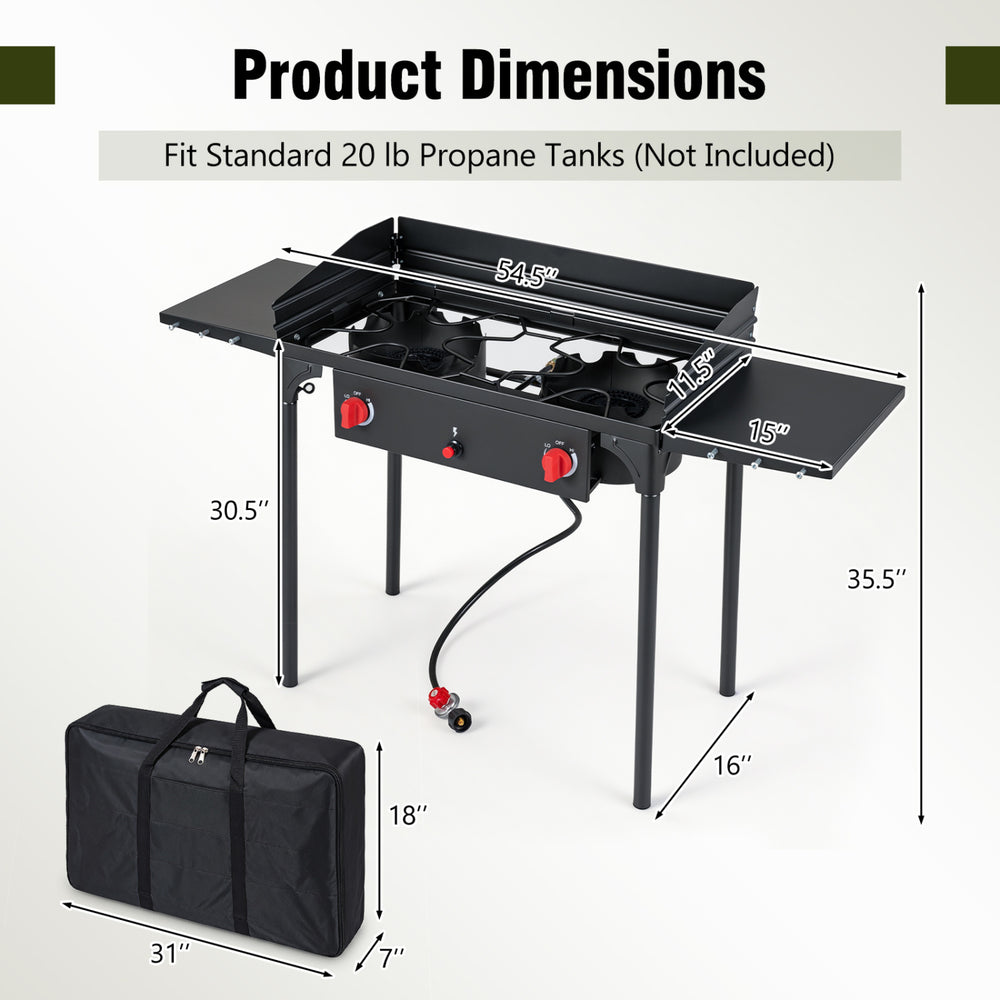 2 Burner Propane Gas Stove with adjustable flame control and side shelves, ideal for outdoor cooking and BBQ.
