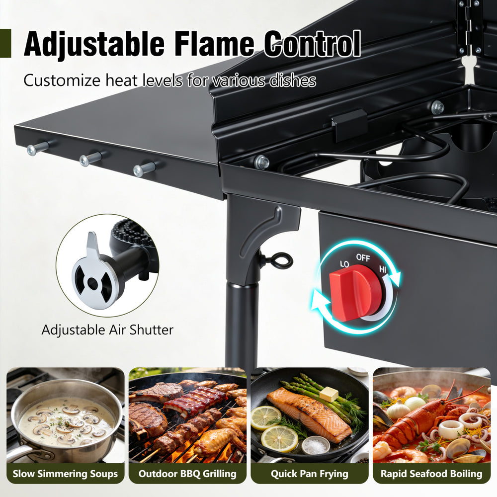 2 Burner Propane Gas Stove with adjustable flame control, 150,000 BTU, ideal for outdoor BBQ grilling and rapid seafood boiling.