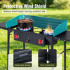2 burner propane gas stove with protective wind shield and adjustable flame control, ideal for outdoor cooking and BBQ.