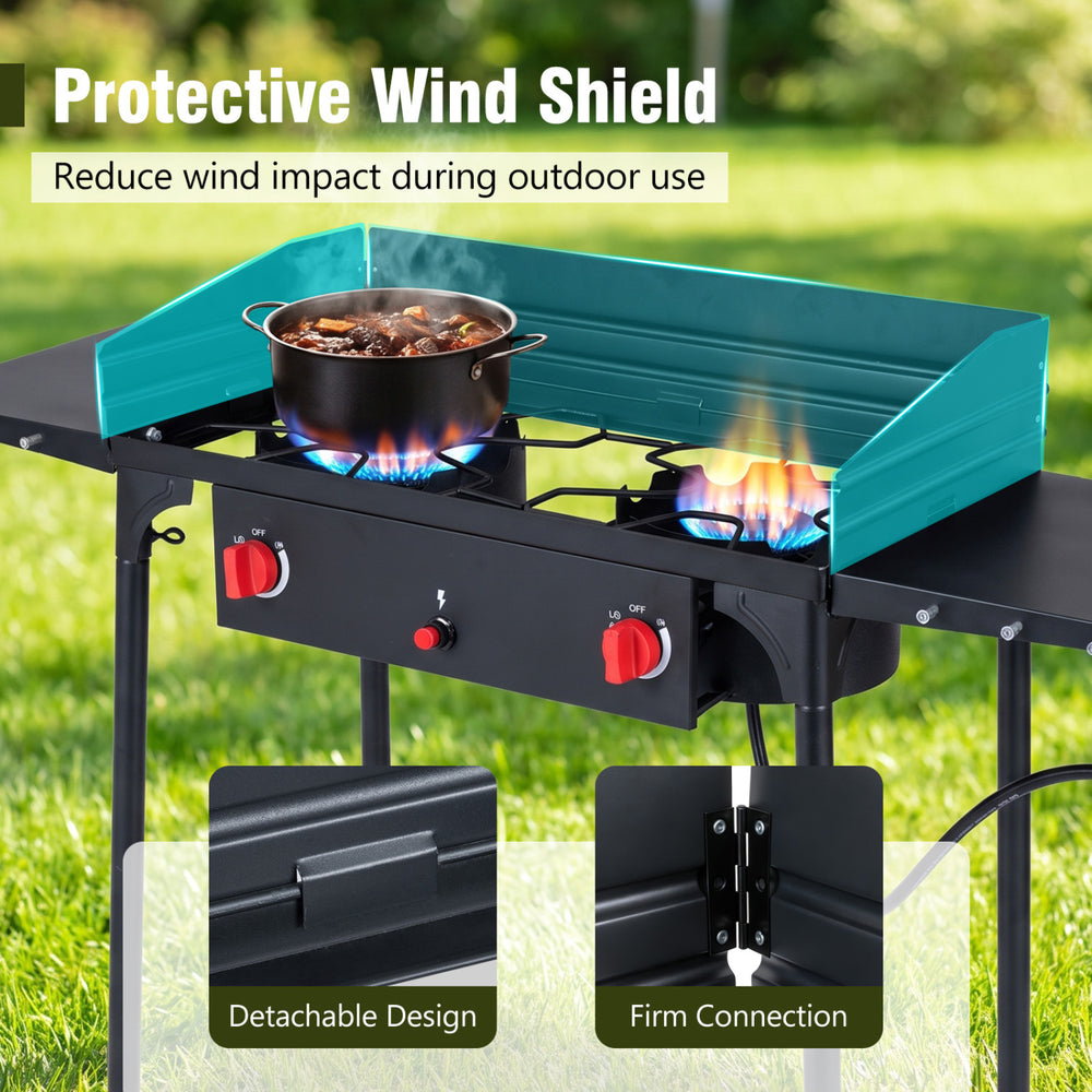 2 burner propane gas stove with protective wind shield and adjustable flame control, ideal for outdoor cooking and BBQ.