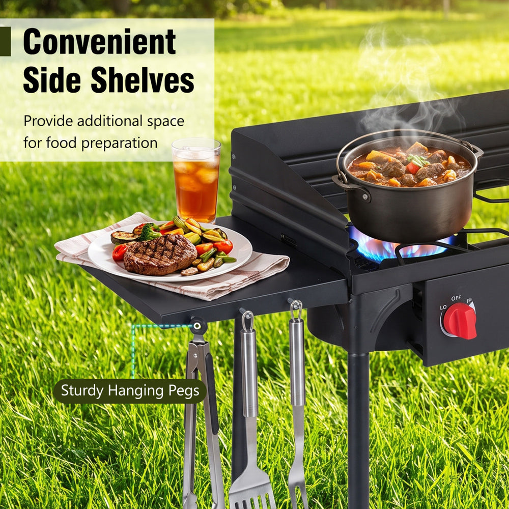 2 Burner Propane Gas Stove with convenient side shelves and sturdy hanging pegs, ideal for outdoor cooking and BBQ.
