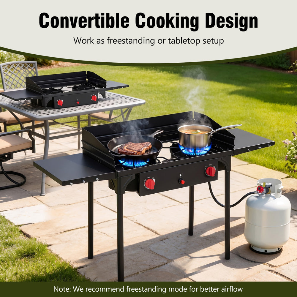 2 Burner Propane Gas Stove features a convertible design for freestanding or tabletop use, ideal for outdoor cooking.