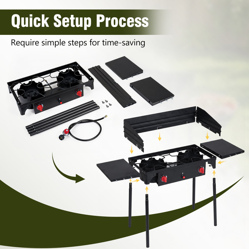 2 Burner Propane Gas Stove with quick setup, adjustable flame control, and protective wind shield for outdoor cooking.