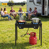 Two-burner propane stove with adjustable regulator and hose, ideal for camping BBQ and outdoor cooking.