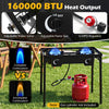 2 Burner propane stove with 160000 BTU output, adjustable regulator, and hose, perfect for camping and outdoor cooking.