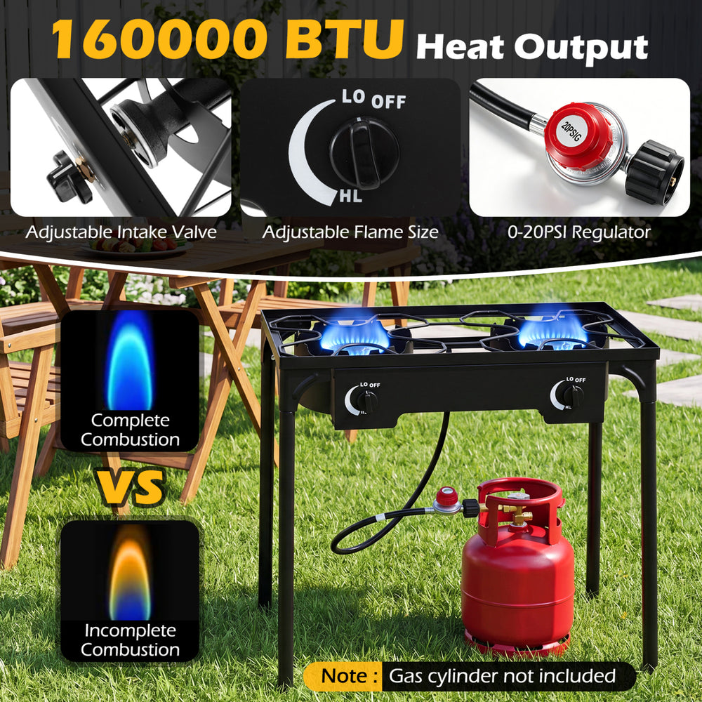 2 Burner propane stove with 160000 BTU output, adjustable regulator, and hose, perfect for camping and outdoor cooking.