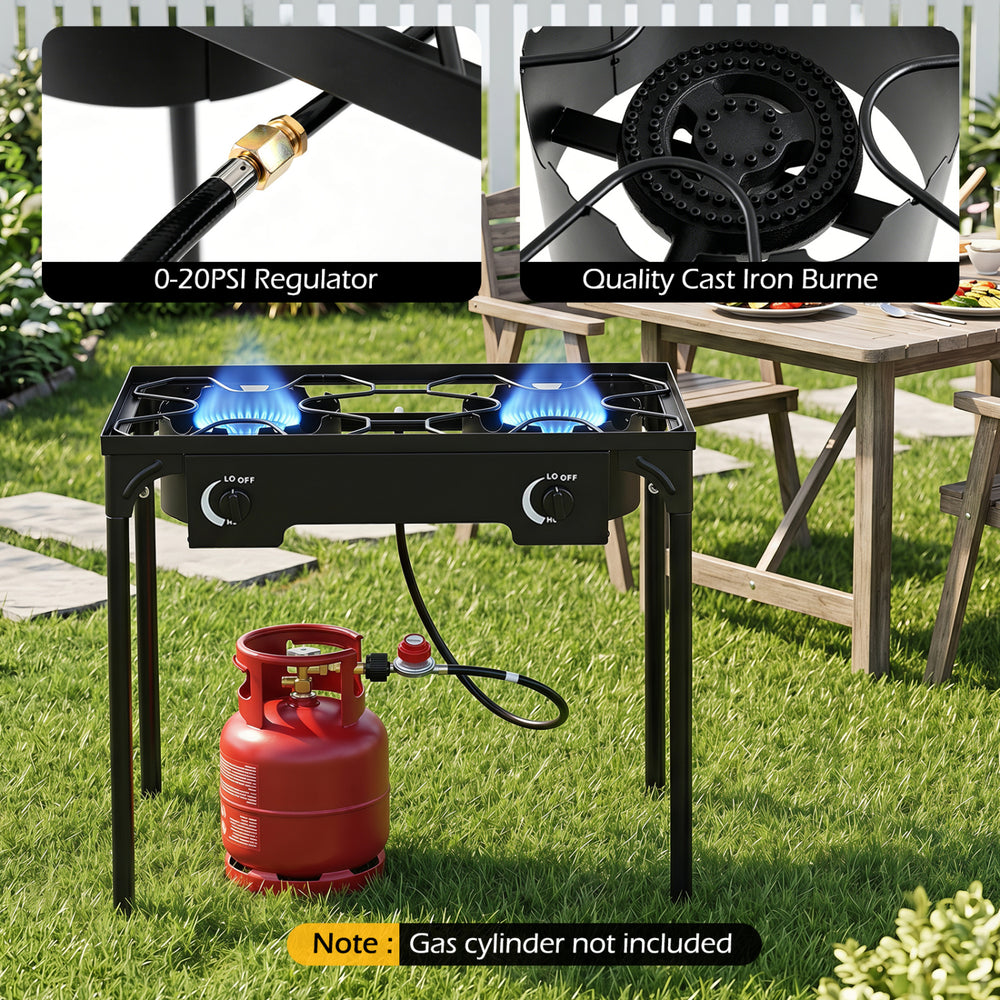 2 Burner propane stove with adjustable regulator and cast iron burners, ideal for camping BBQ and outdoor cooking.