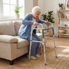 Lightweight 2-button folding walker with adjustable height, providing stable support for seniors in a home setting.